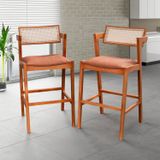Conjunto Com 2 Banquetas Em Madeira Maciça, Estofada E Rattan De Fibra 100% Natural Nápoles Authenti Champagnhe/marrom
