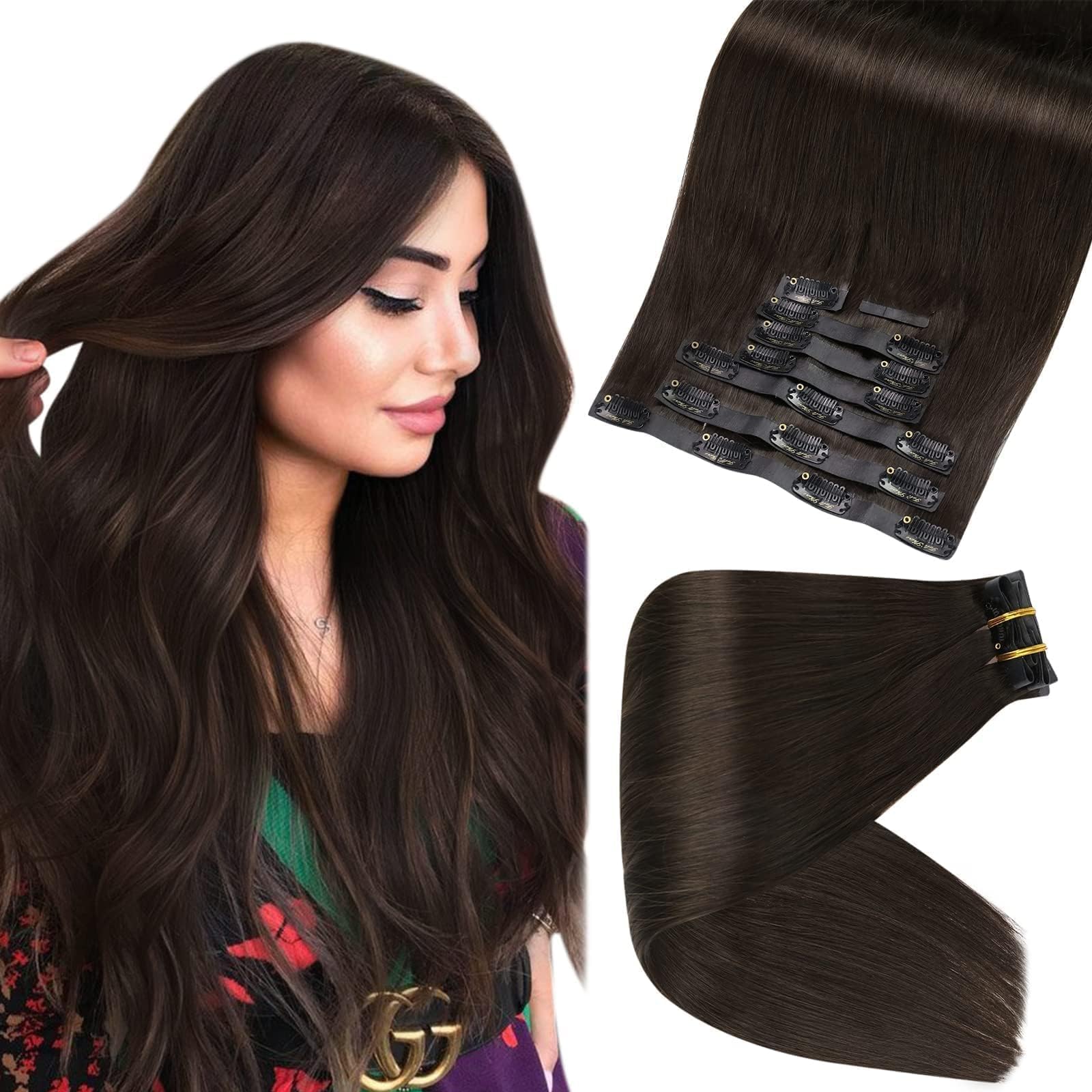 Extensões De Cabelo Clip In Full Shine Dark Brown 16 Polegadas 120g