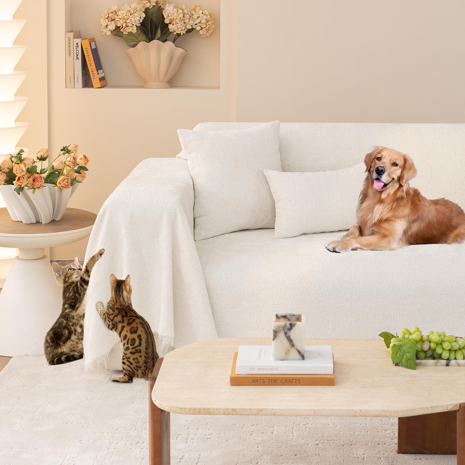 Capa De Sofá Handontime White Chenille Para Sofá De 3 Almofadas 180x380cm