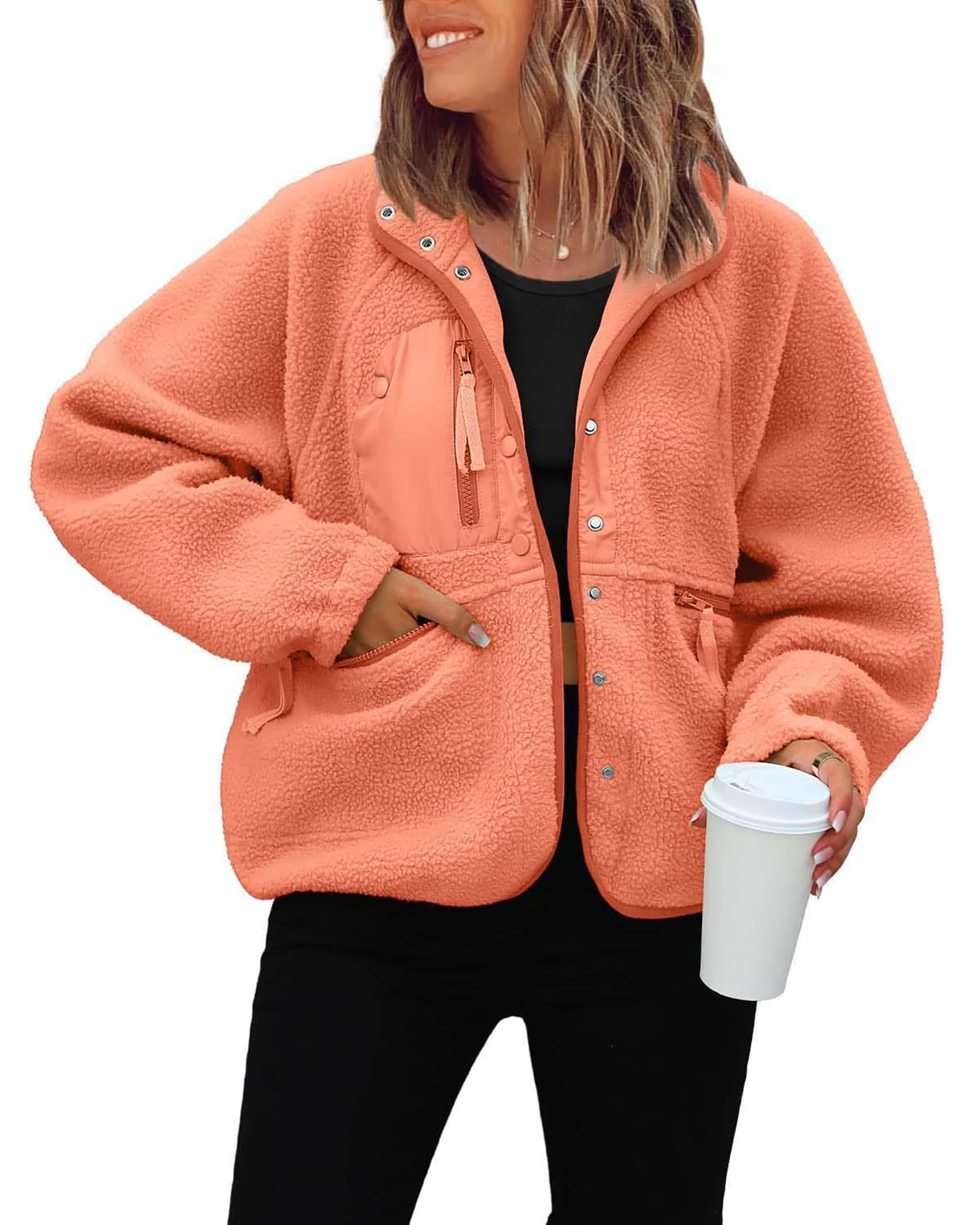 Jaqueta Feminina Reachme Sherpa Fuzzy Fleece, Laranja De Inverno