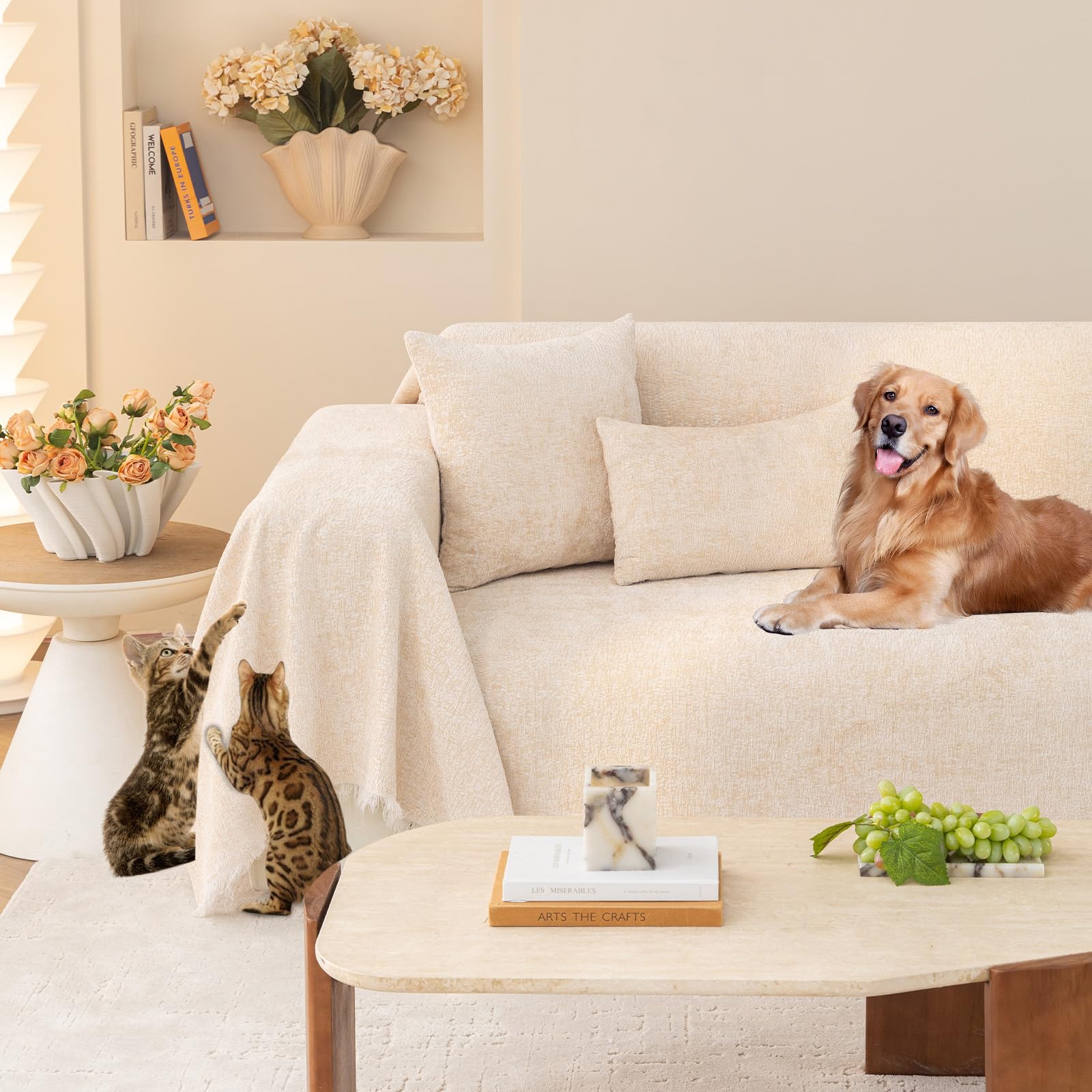 Capa De Sofá Handontime Beige Jacquard Chenille 180x380cm