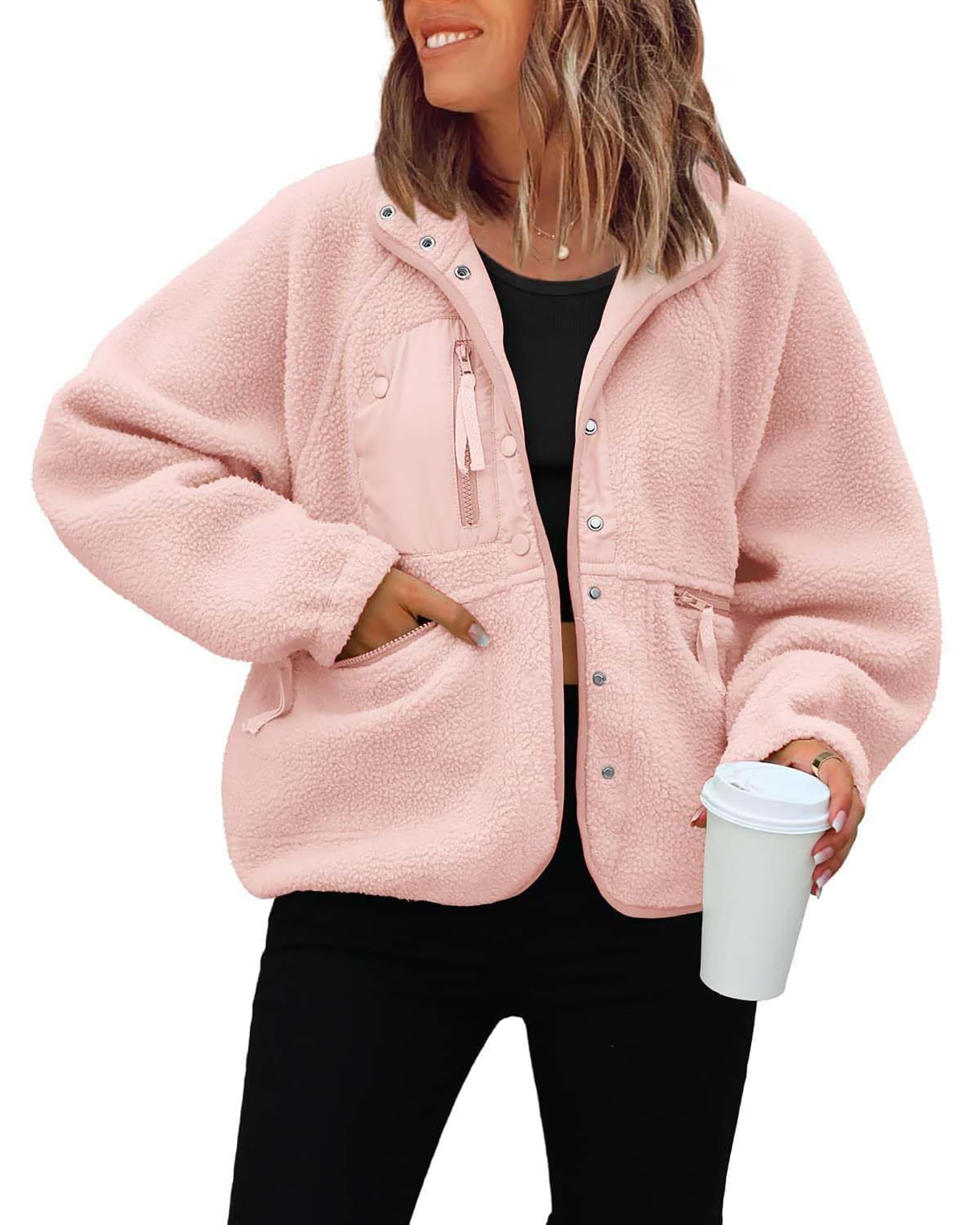 Jaqueta Feminina Reachme Sherpa Fuzzy Fleece, Casaco De Inverno, Pêssego