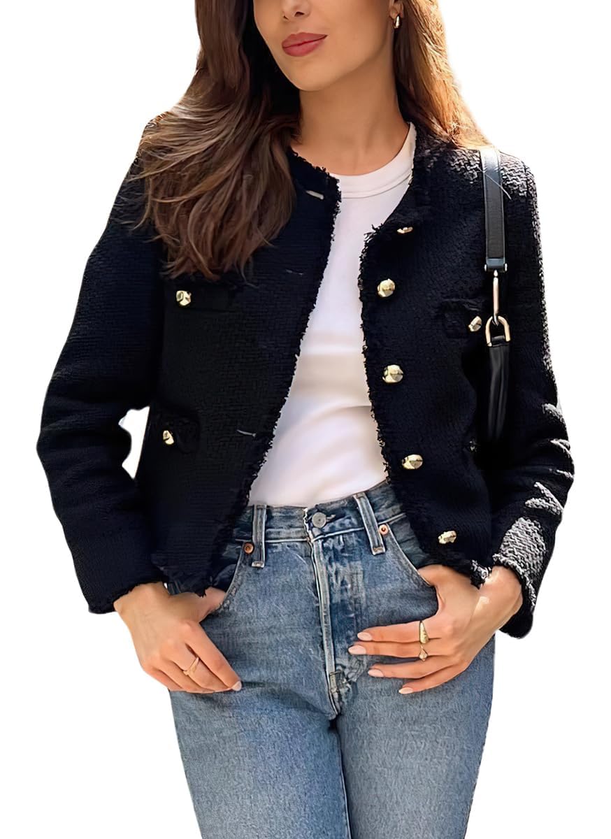 Blazer Jaqueta Hathne Feminina De Tweed Preta Cropped S