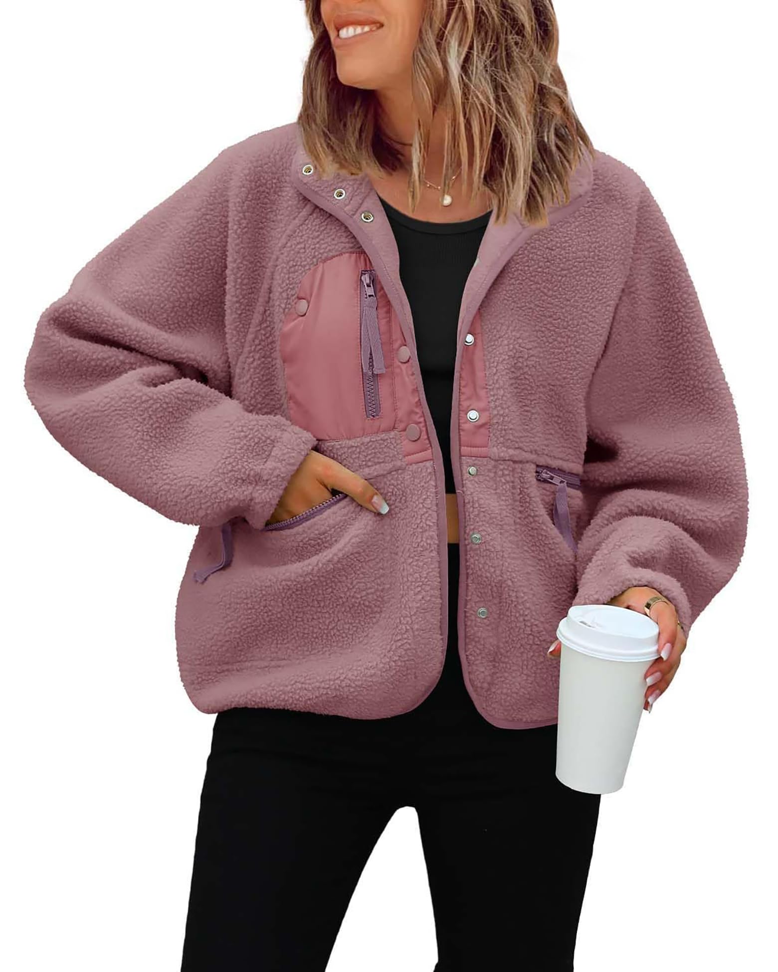 Jaqueta Feminina Reachme Sherpa Fuzzy Fleece, Inverno, Rosa Empoeirado
