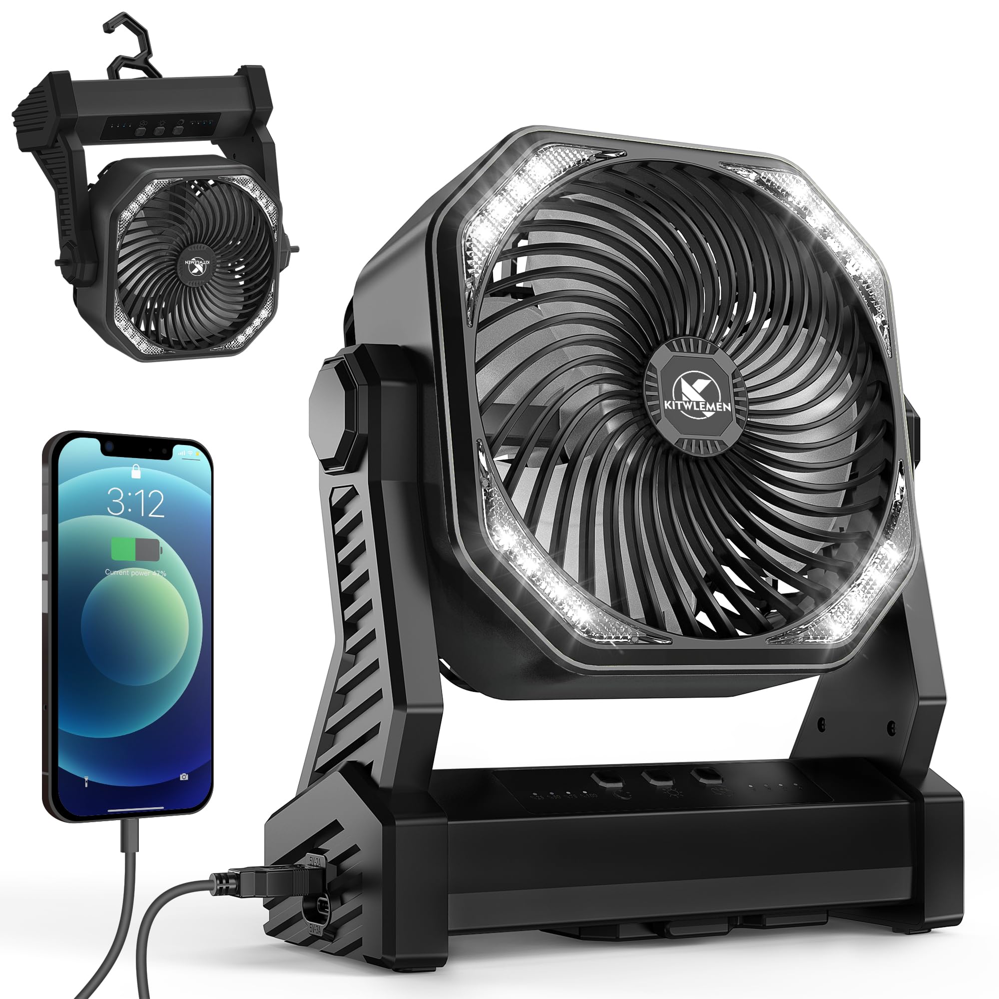 Ventilador De Acampamento Com Lanterna Led Kitwlemen 20000mah Recarregável