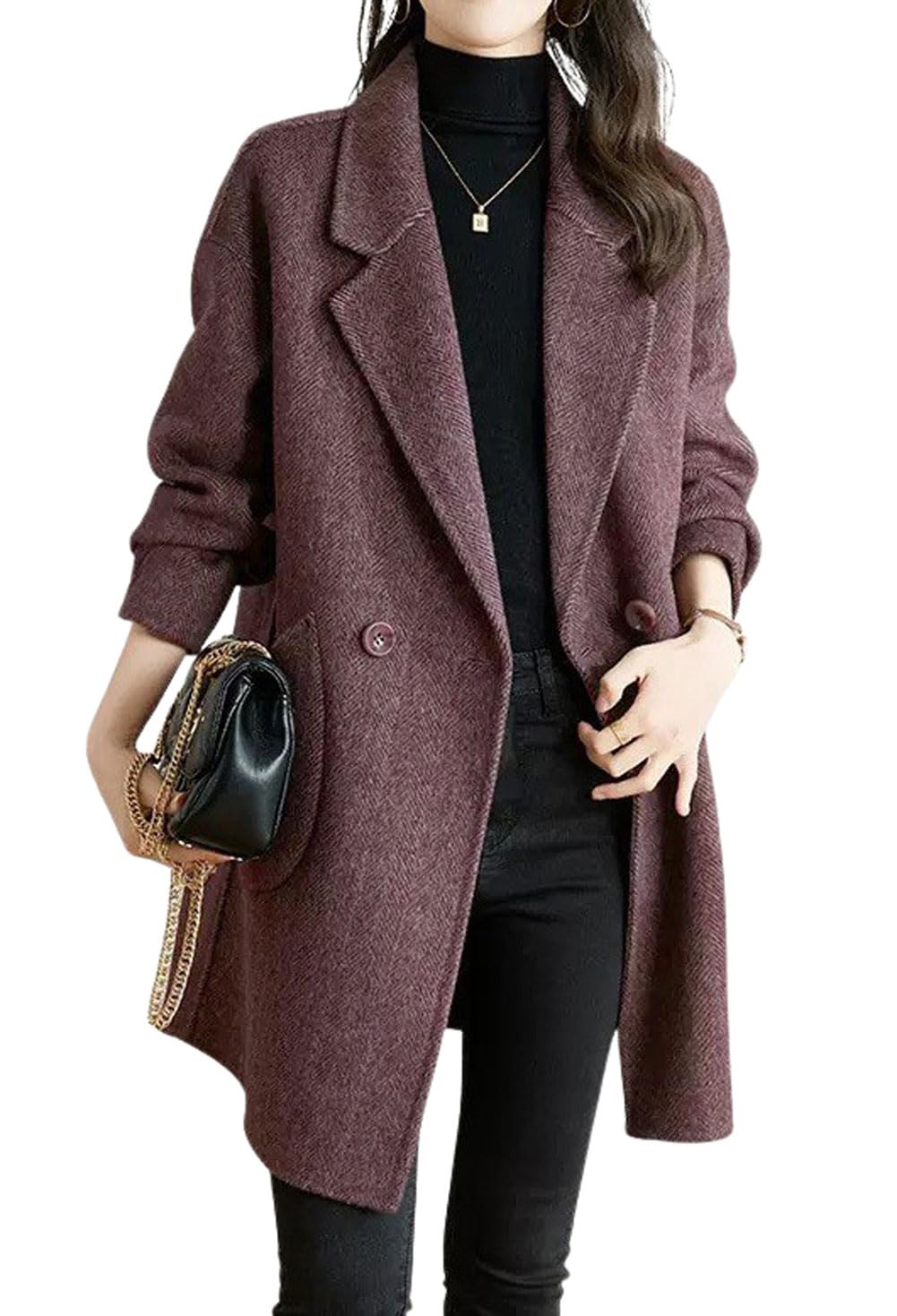 Casaco Feminino Chouyatou, Lapela Entalhada, Espinha De Peixe, Lã, Roxo