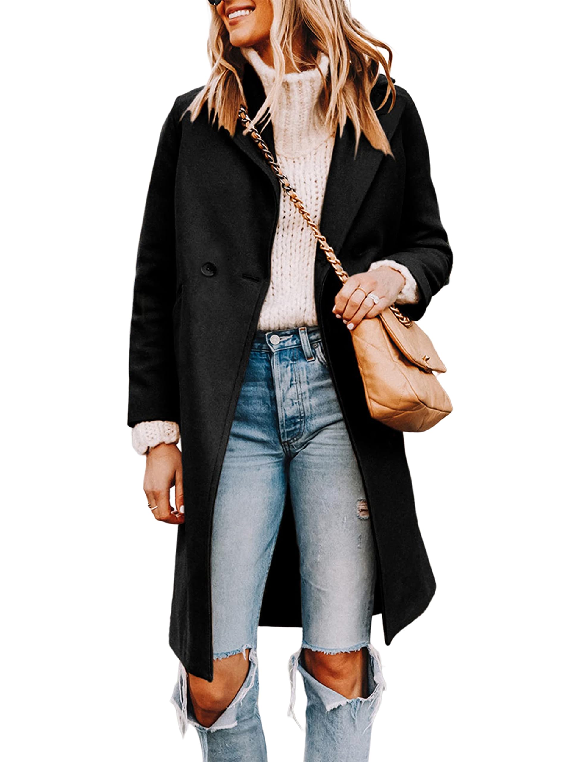 Casaco Bronzeado Feminino Com Lapela Entalhada, Mistura De Lã Trespassada