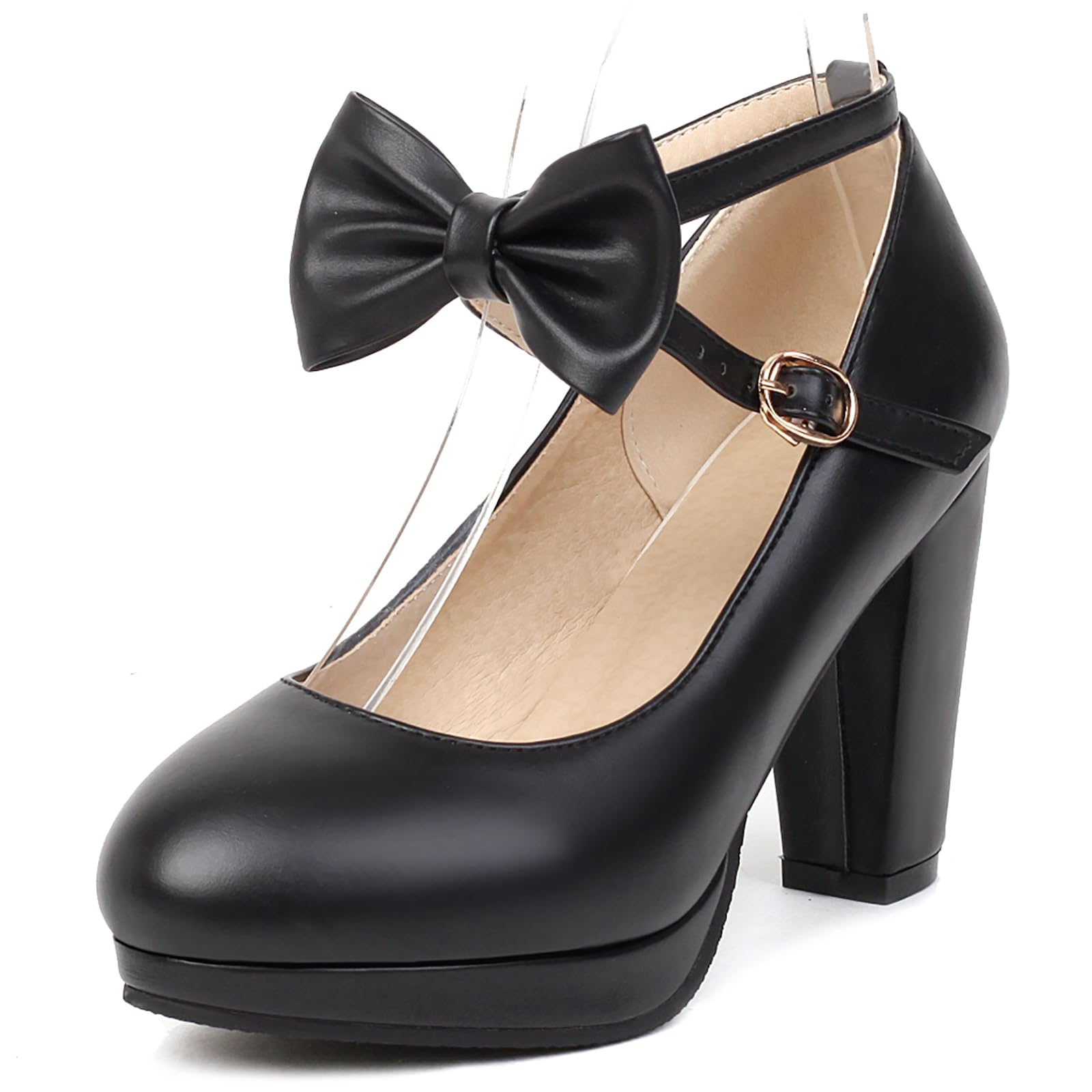 Sapatos De Couro De Salto Alto Foremode Bow Mary Jane Para Mulheres