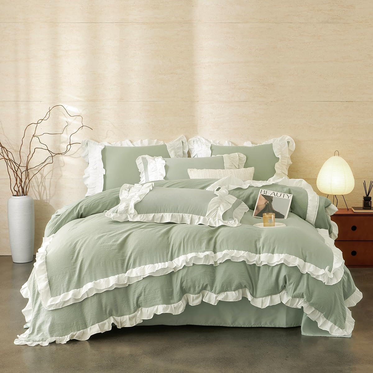 Conjunto De Capa De Edredom Jolusere Ruffle Queen Sage Green Microfiber