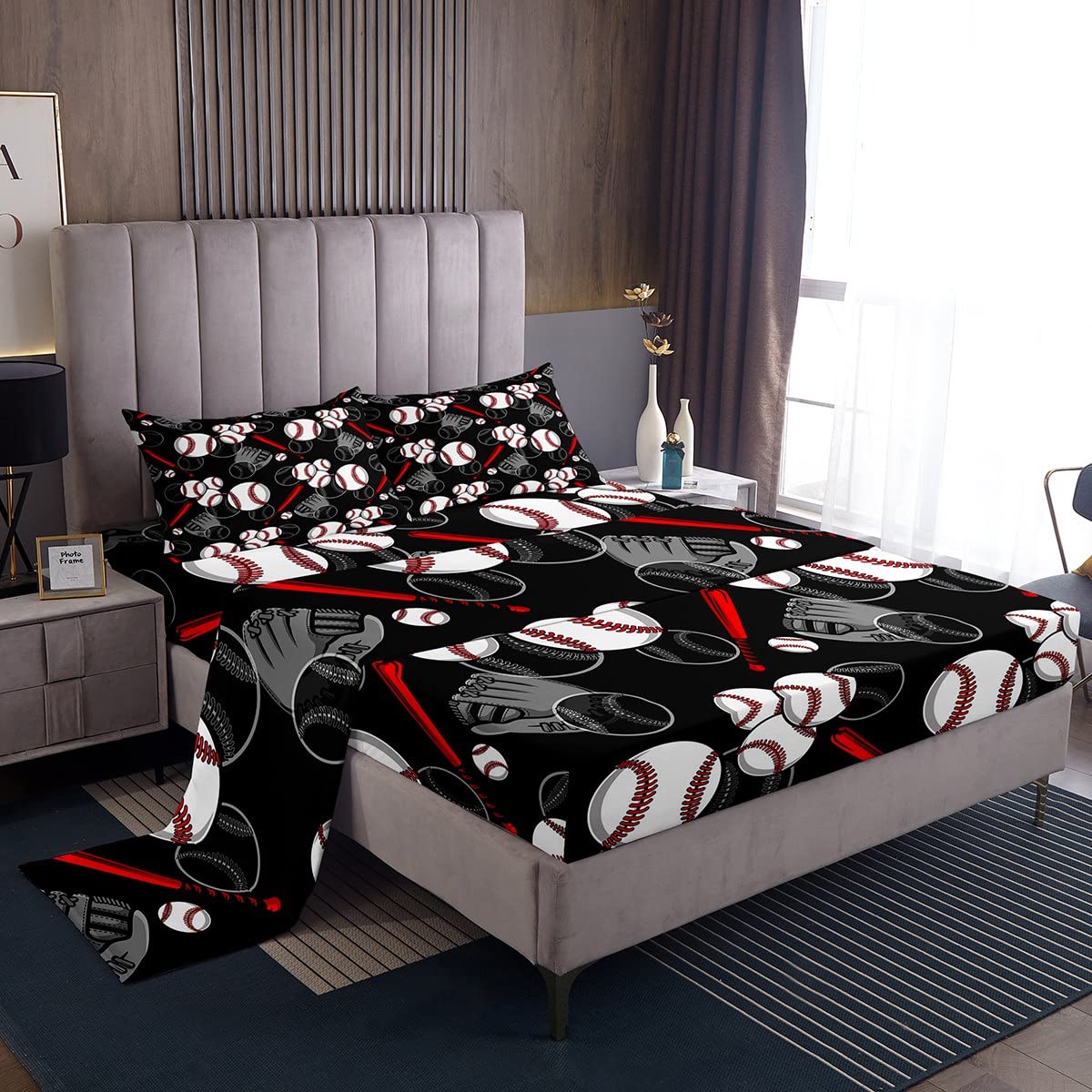 Lençóis De Cama Erosebridal Baseball King Size Vermelhos E Pretos