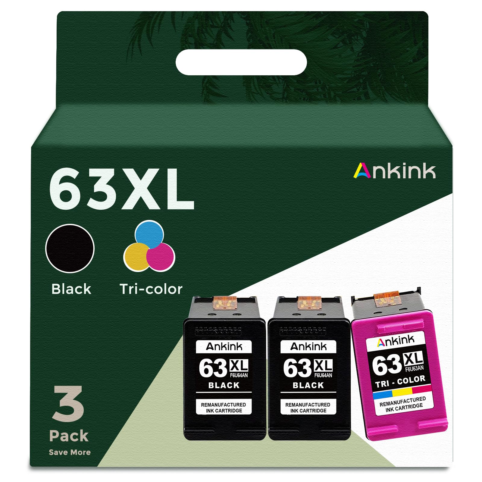 Cartucho De Tinta Ankink Remanufactured Replacement Hp 63xl, Pacote Com 3