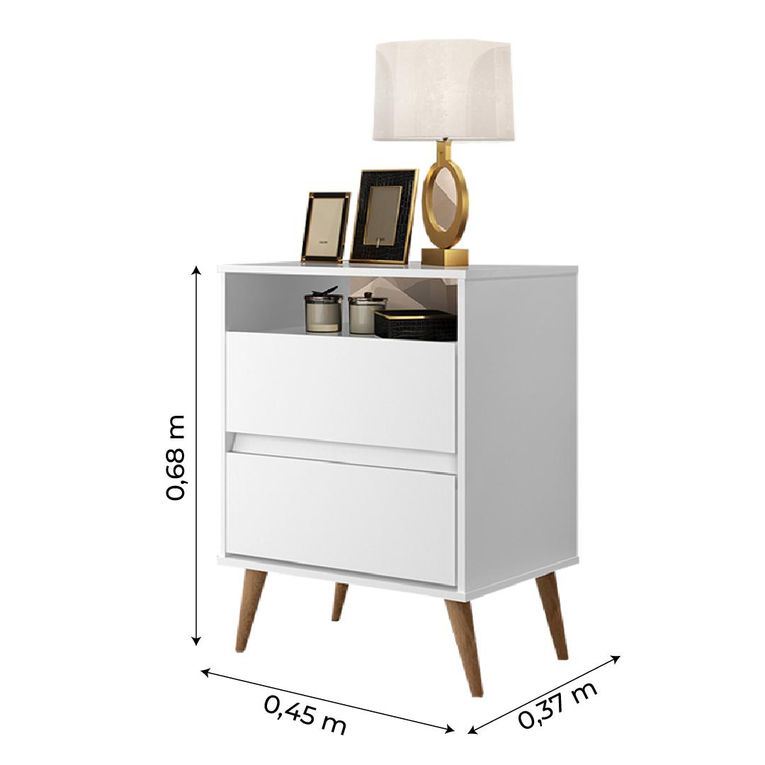 Mesa de Cabeceira Lótus Retrô 1 Nicho 2 Gavetas Pés Palito Já Branco