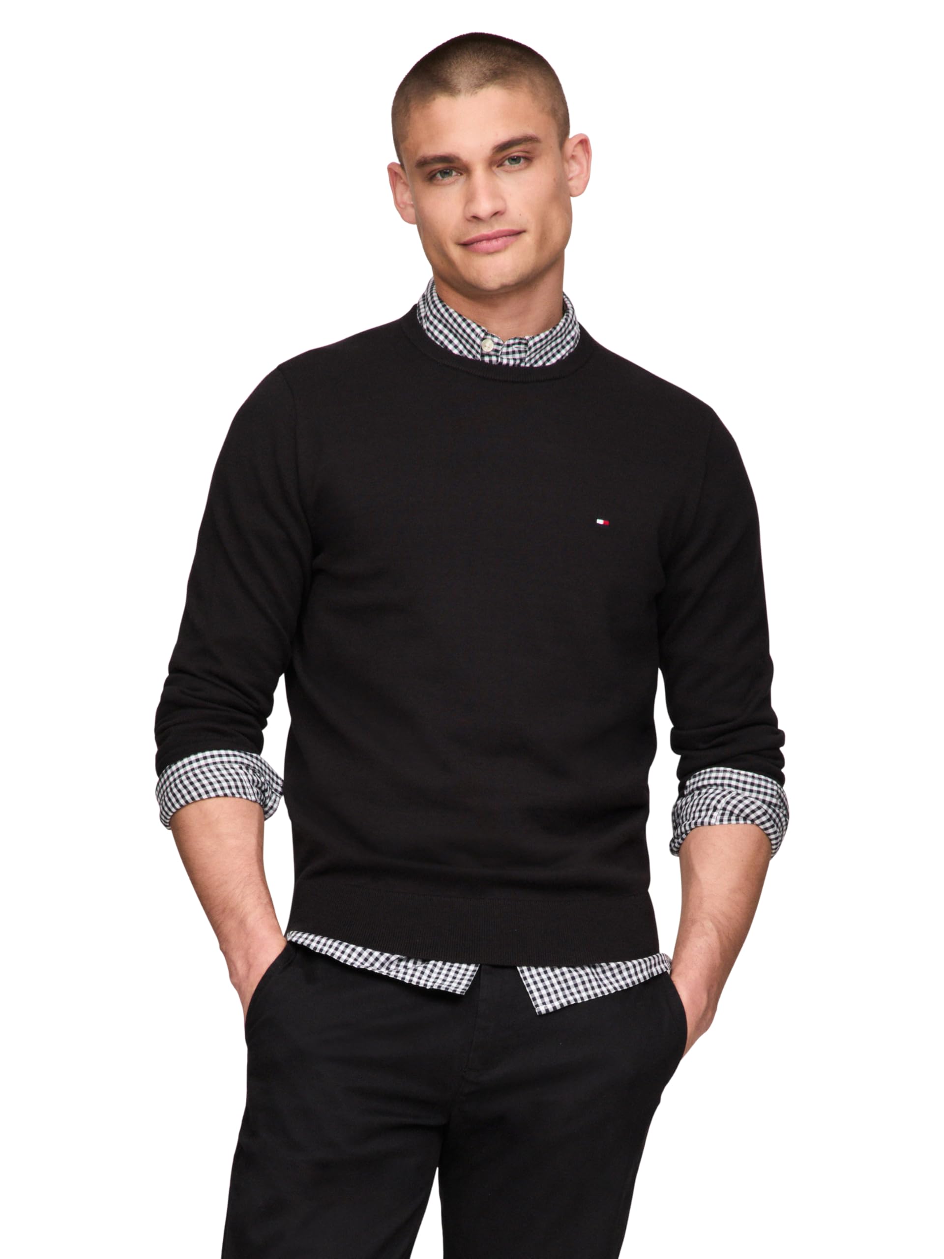 Suéter Masculino Tommy Hilfiger De Algodão Sólido Com Gola Redonda Preta