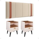 Kit 2 Mesinhas Estilo Nicho Gaveta Puxador Concha Off White/freijó Cabeceira Suspensa Estofada Parise Cama Box Casal 1,40 Bege Suede - Lojas Rpm