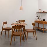 Conjunto Mesa Jantar Square Laminada Redonda Natural - 88cm + 4 Cadeiras Nord Encosto Madeira Assento Pu Cognac