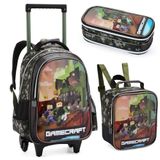 Kit Mochila Rodinha Lancheira Estojo Escolar Infantil Minecraft