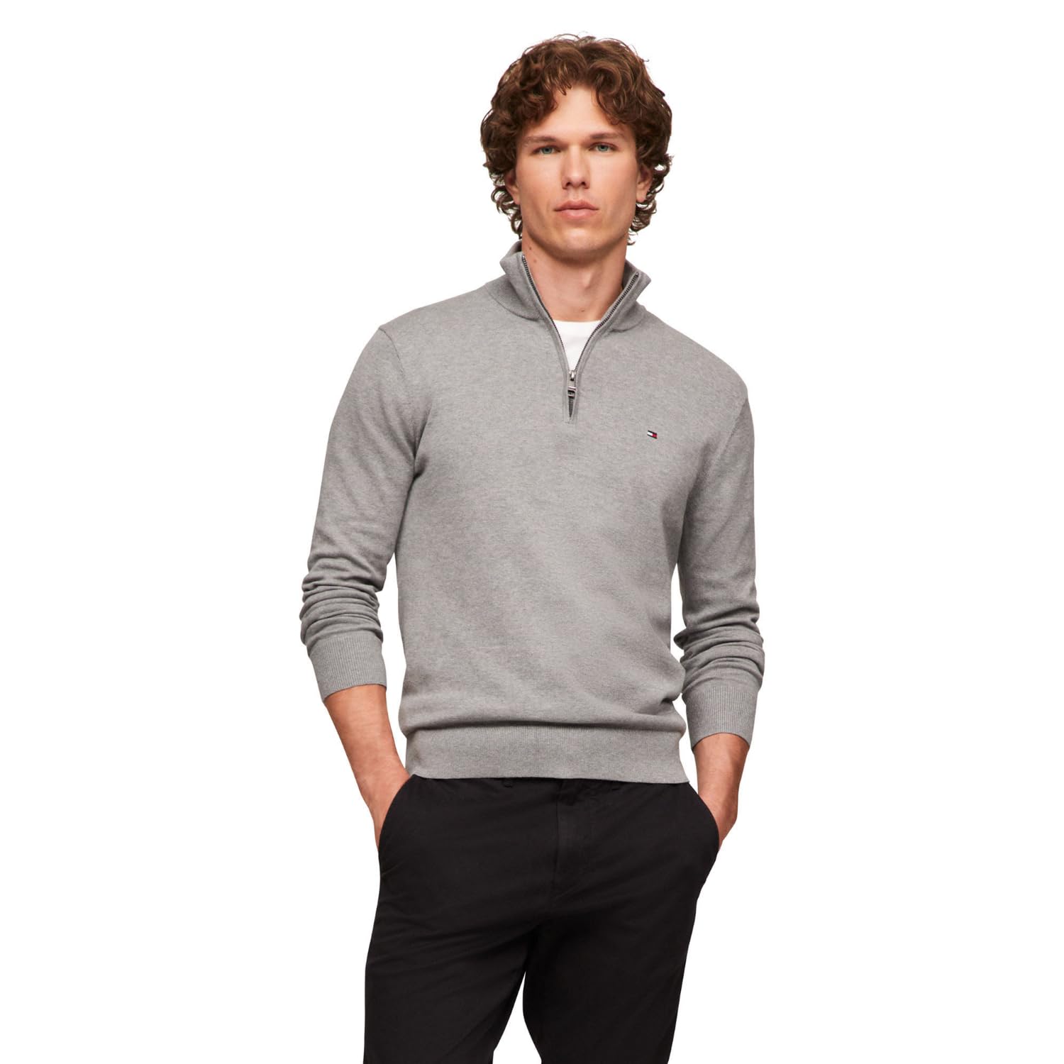 Suéter Tommy Hilfiger Essential Cotton Com Zíper Masculino Cinza