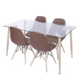 Conjunto De Sala De Jantar Mesa Com Tampo De Vidro 4 Cadeiras Base De Madeira Estofadas Café