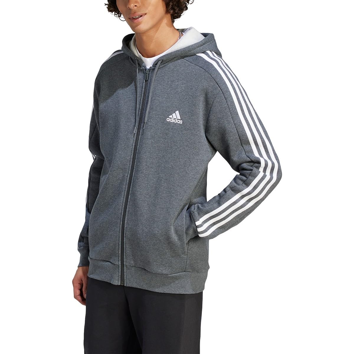 Moletom Masculino Adidas, Tamanho Alto, Lã, 3 Listras, Zíper Completo, Legacy, Cinza Escuro, Mesclado/cinza