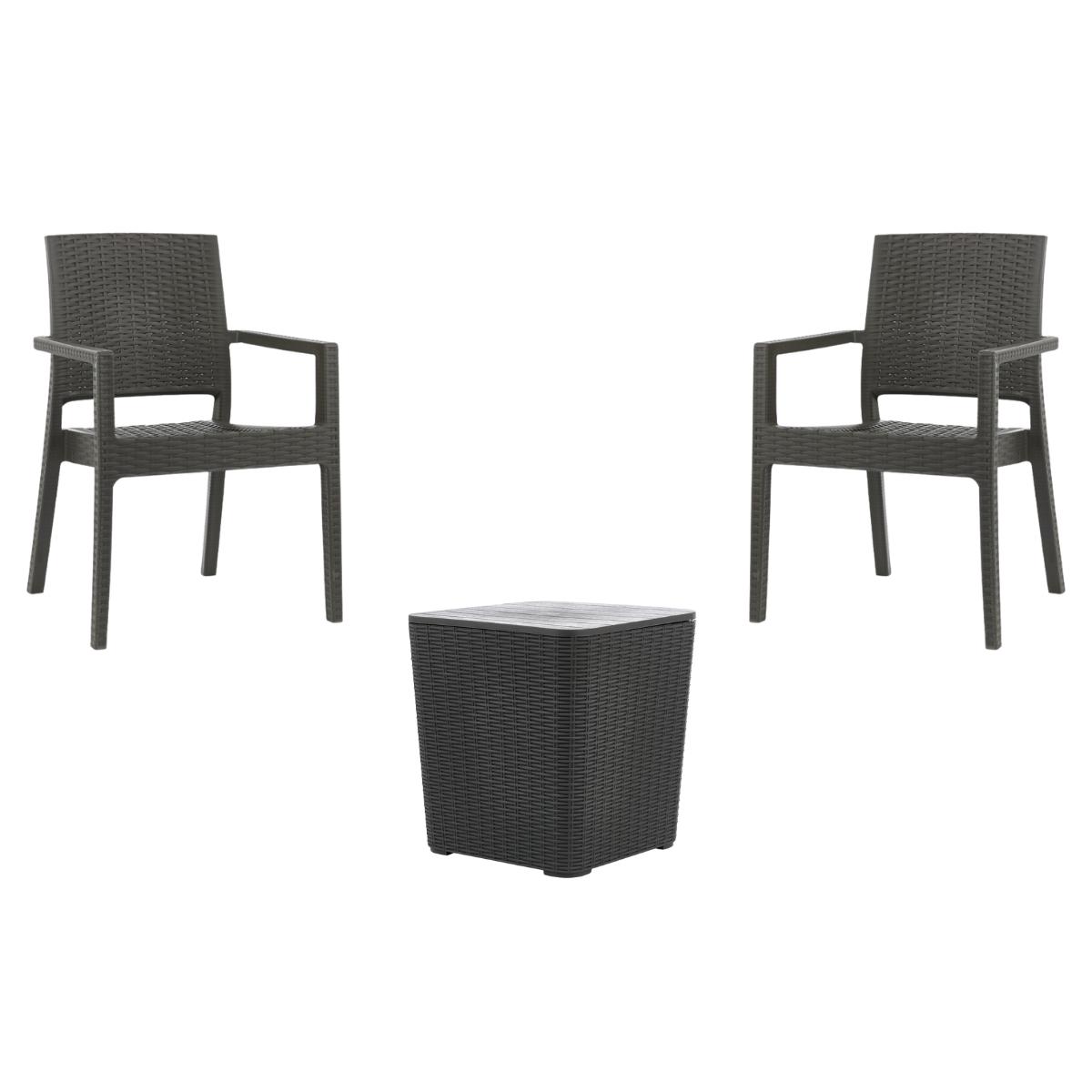 Kit 2 Cadeiras Com Braço Milano Rattan + Mesa Capri - Cinza