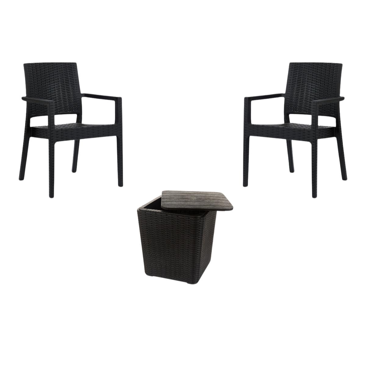 Kit 2 Cadeiras Com Braço Milano Rattan + Mesa Capri - Preta