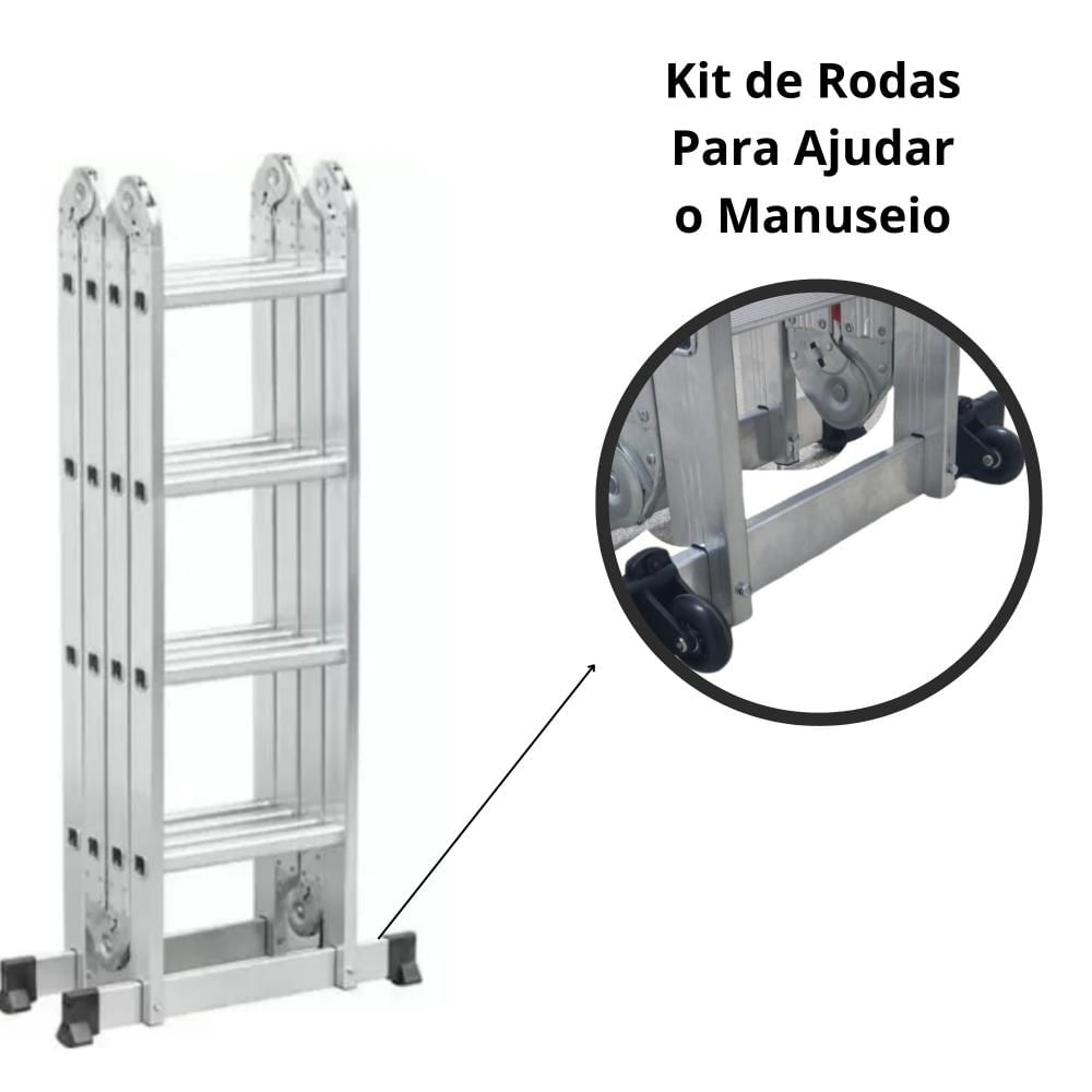 Escada Articulada De Aluminio 4x4 16 Degraus Com Rodas