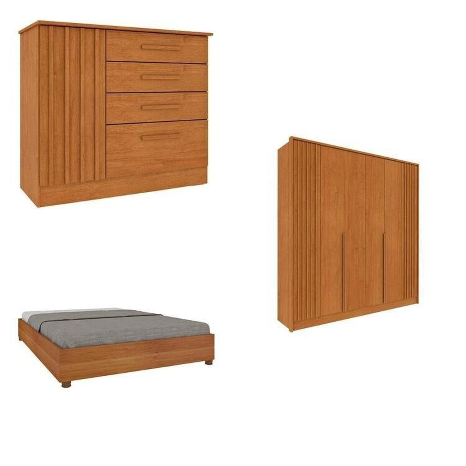 Quarto Casal Completo Guarda-roupa 6 Portas E Cômoda 4 Gavetas Ripado Nova York E Cama Queen Mônaco Cinamomo