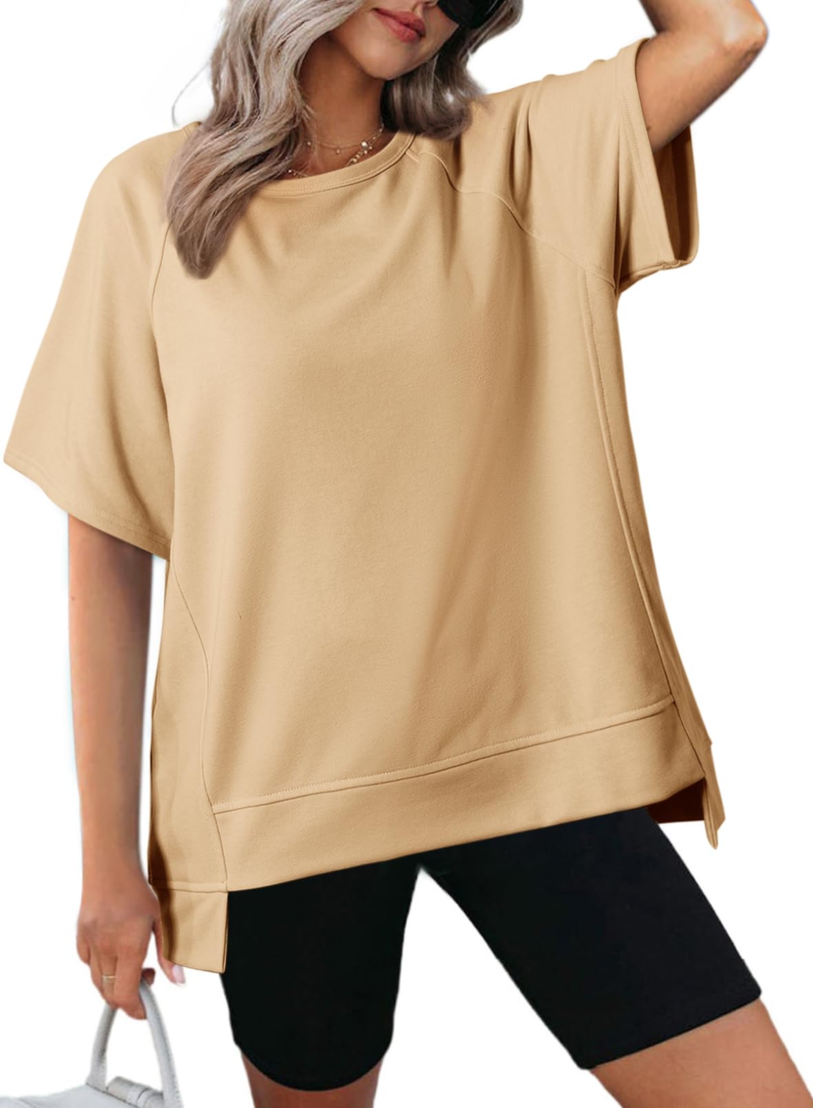 Camiseta Dokotoo Oversized Para Mulheres Bege, Algodão, Alta E Baixa