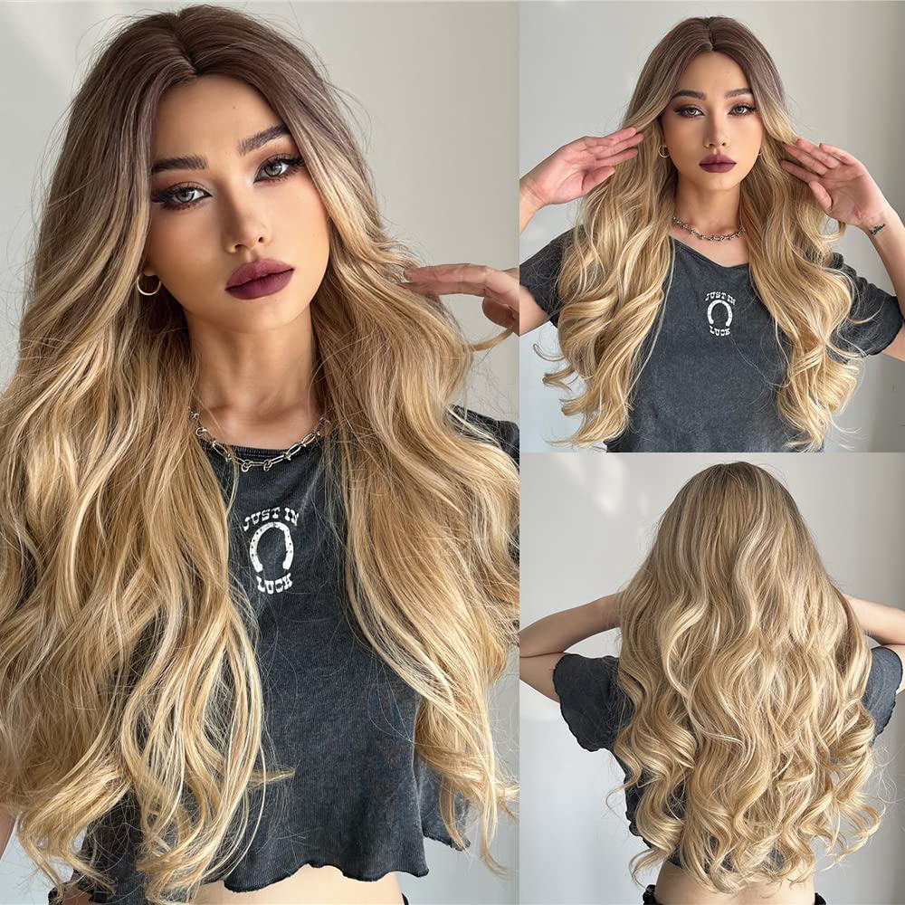 Peruca Magqoo Brown Blonde Dark Roots Ombre Long Curly Women