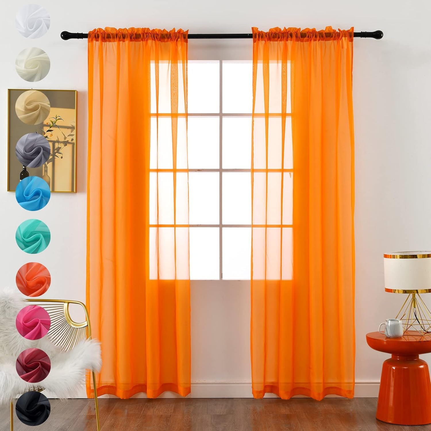 Cortina Youleyar Solid Sheer Voile 2 Painéis 132x244cm Laranja
