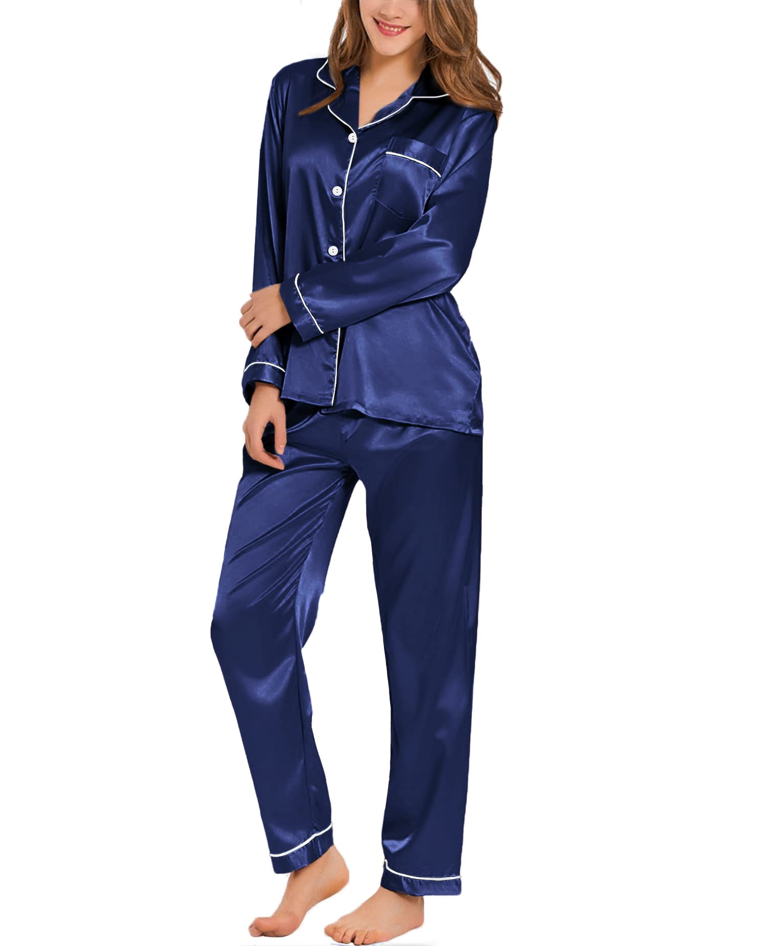 Conjunto De Pijama Feminino Swomog, Seda, Cetim, Manga Comprida, Azul Marinho