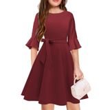 Vestido Wiffgo Para Meninas, Manga Em Forma De Sino, Altura Até O Joelho, Grande, Infantil, Cor De Vinho