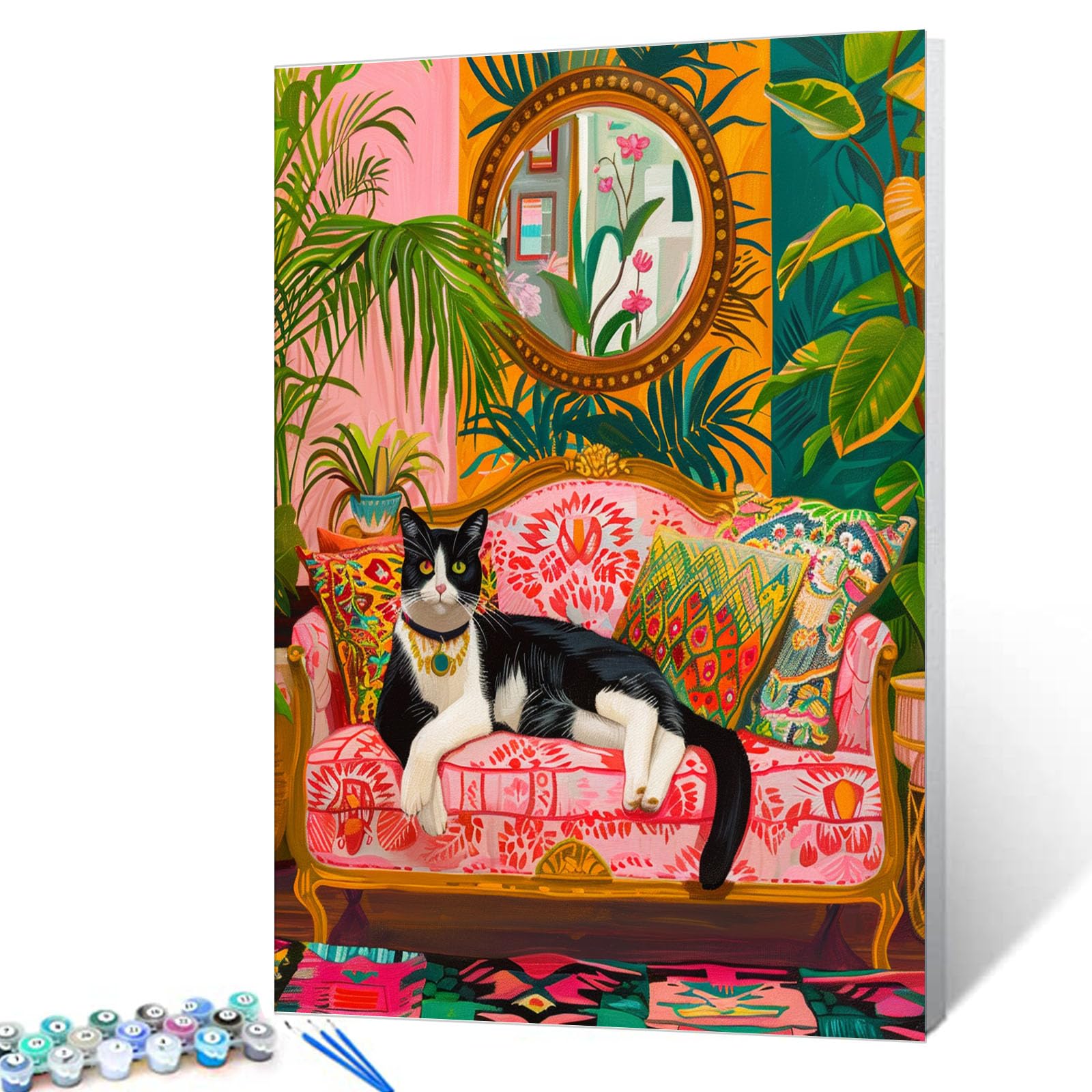 Kit Paint By Numbers Aihonmin Tuxedo Cat Jungle Flowers