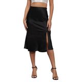 Saia Mist Azur Silky Satin Side Split Split, Cintura Alta, Preta Midi
