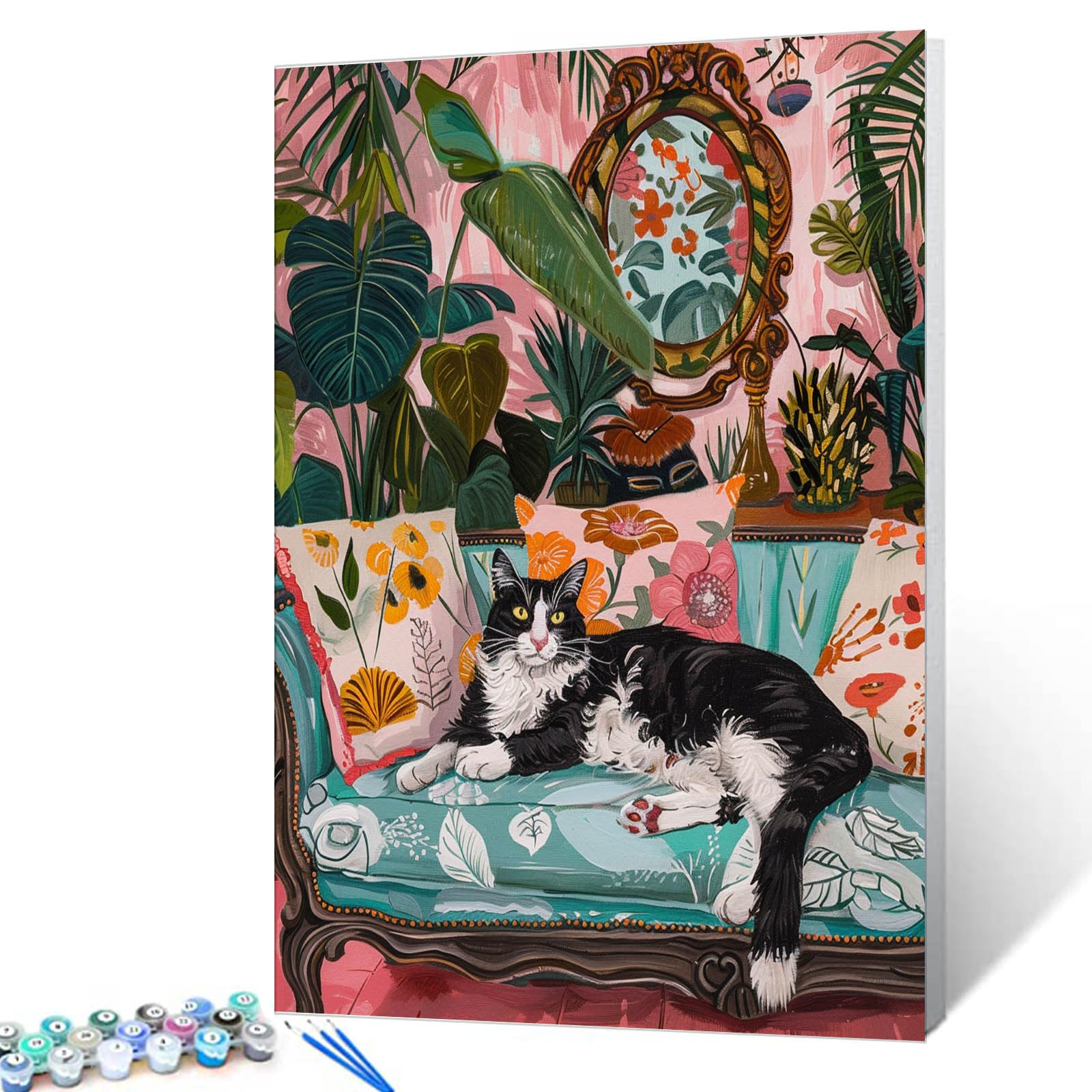 Kit Paint By Numbers Sofá Aihonmin Tuxedo Cat Teal 40x50cm