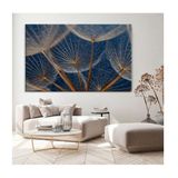 Quadro Folhas E Flores Dente De Leão Em Fundo Azul C- Moldura Preta E Vidro Tamanho 90 X 60cm