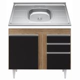 Balcão Com Pia Inox 100cm 3 Portas 2 Gavetas Castanho/preto