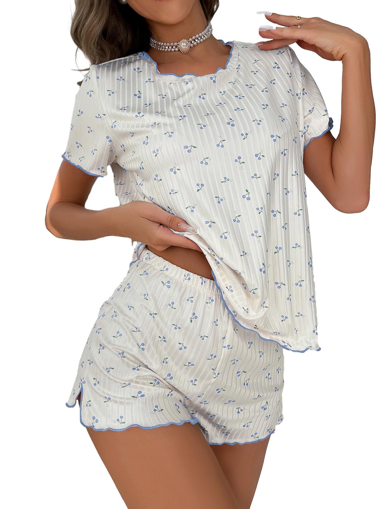 Conjunto De Pijama Soly Hux Para Mulheres Com Estampa Fofa, Manga Curta, Azul Claro
