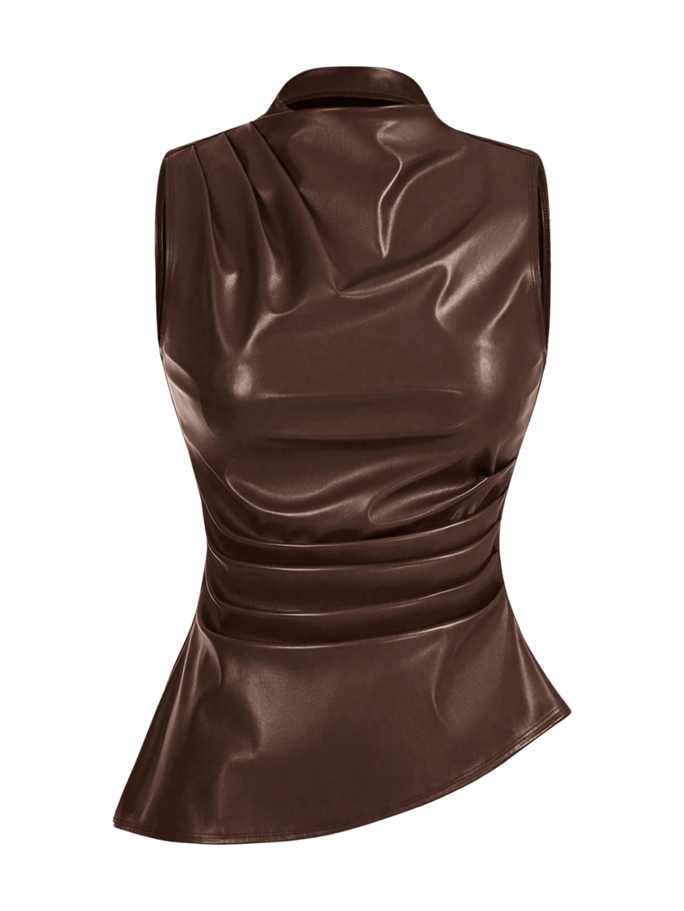 Camiseta Regata Makemechic Pu Leather Mock Neck Y2k Ruched Coffee