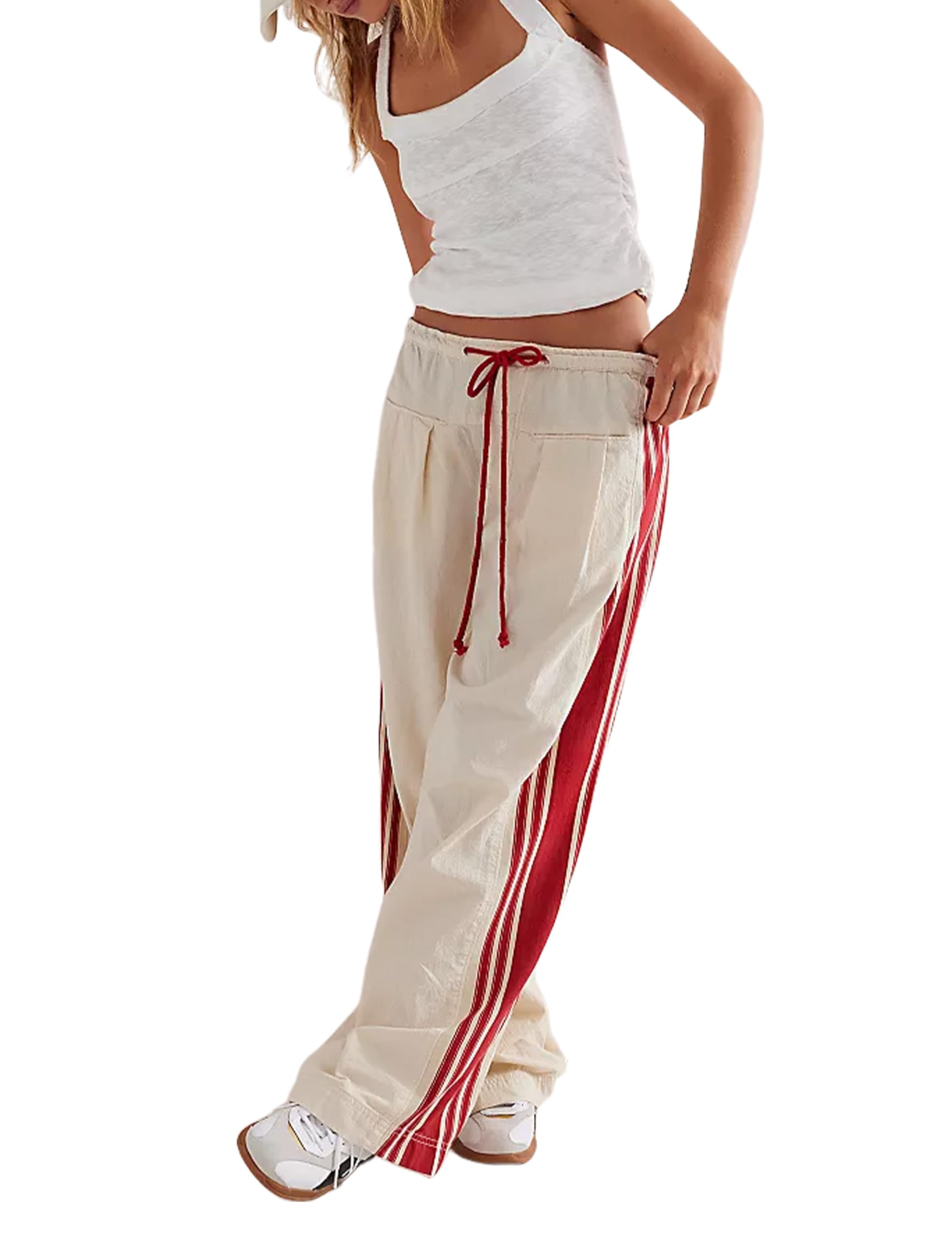 Calças Largas Hongsui Drawstring High Rise Side Stripe