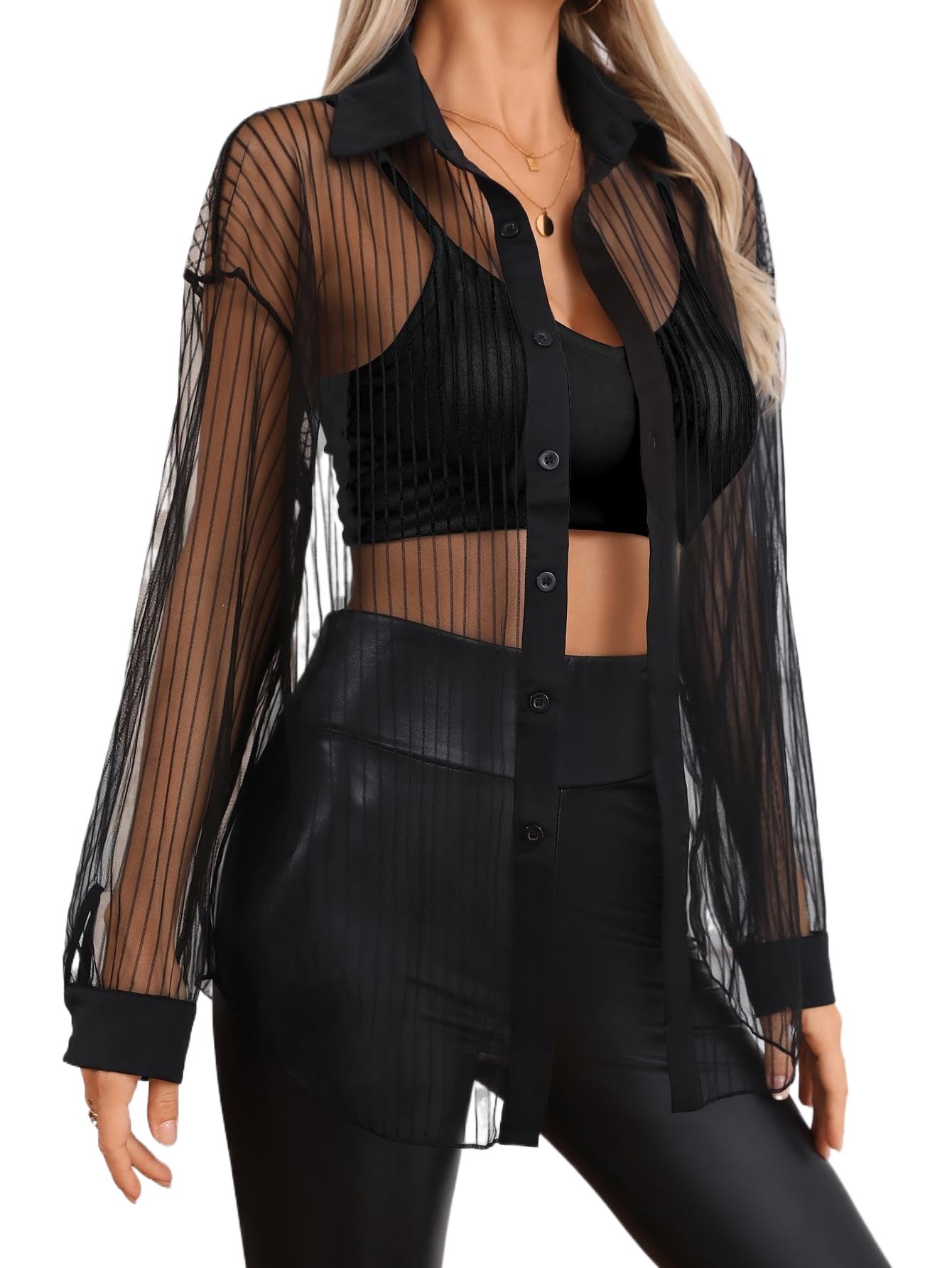 Blusa Feminina Milumia Listrada De Malha Transparente Com Botões Pretos