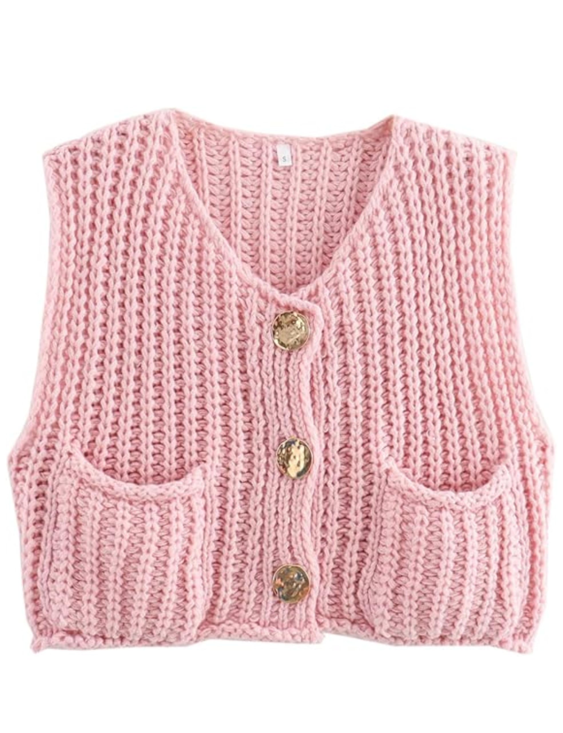 Colete Aicharmwa Chunky Knit Crochet Sweater Rosa Para Mulheres