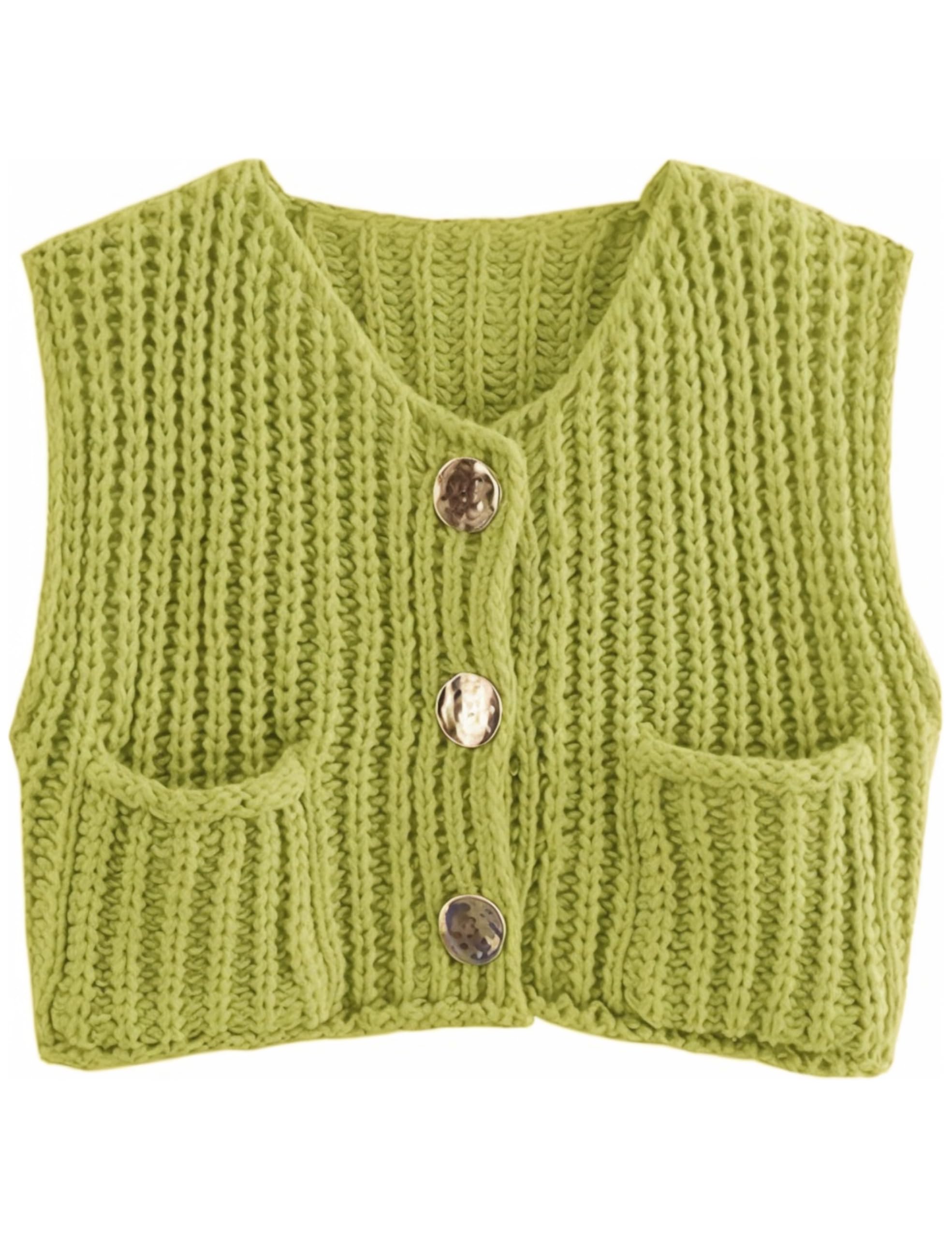 Colete Aicharmwa Chunky Knit Button Down Crochet Sweater Olive