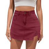 Jeans Skort Vetinee Para Mulheres, Jeans De Cintura Alta, Vermelho Rumba