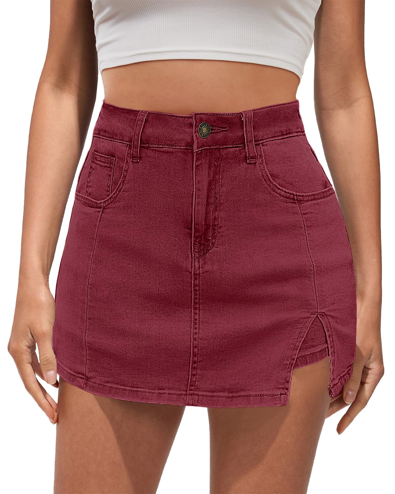 Jeans Skort Vetinee Para Mulheres, Jeans De Cintura Alta, Vermelho Rumba