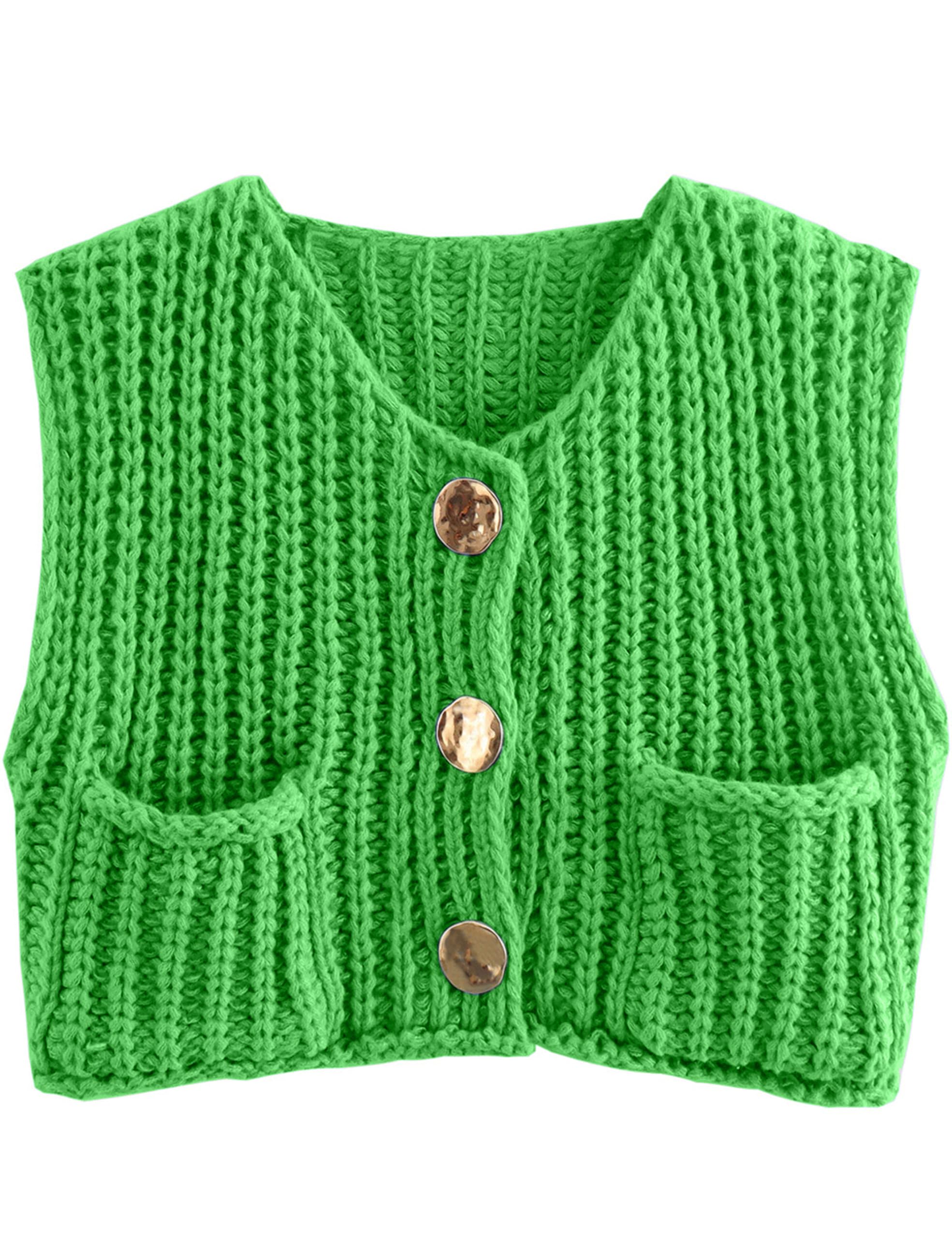 Colete De Suéter Hvewarm Chunky Knit Verde Cortado Para Mulheres