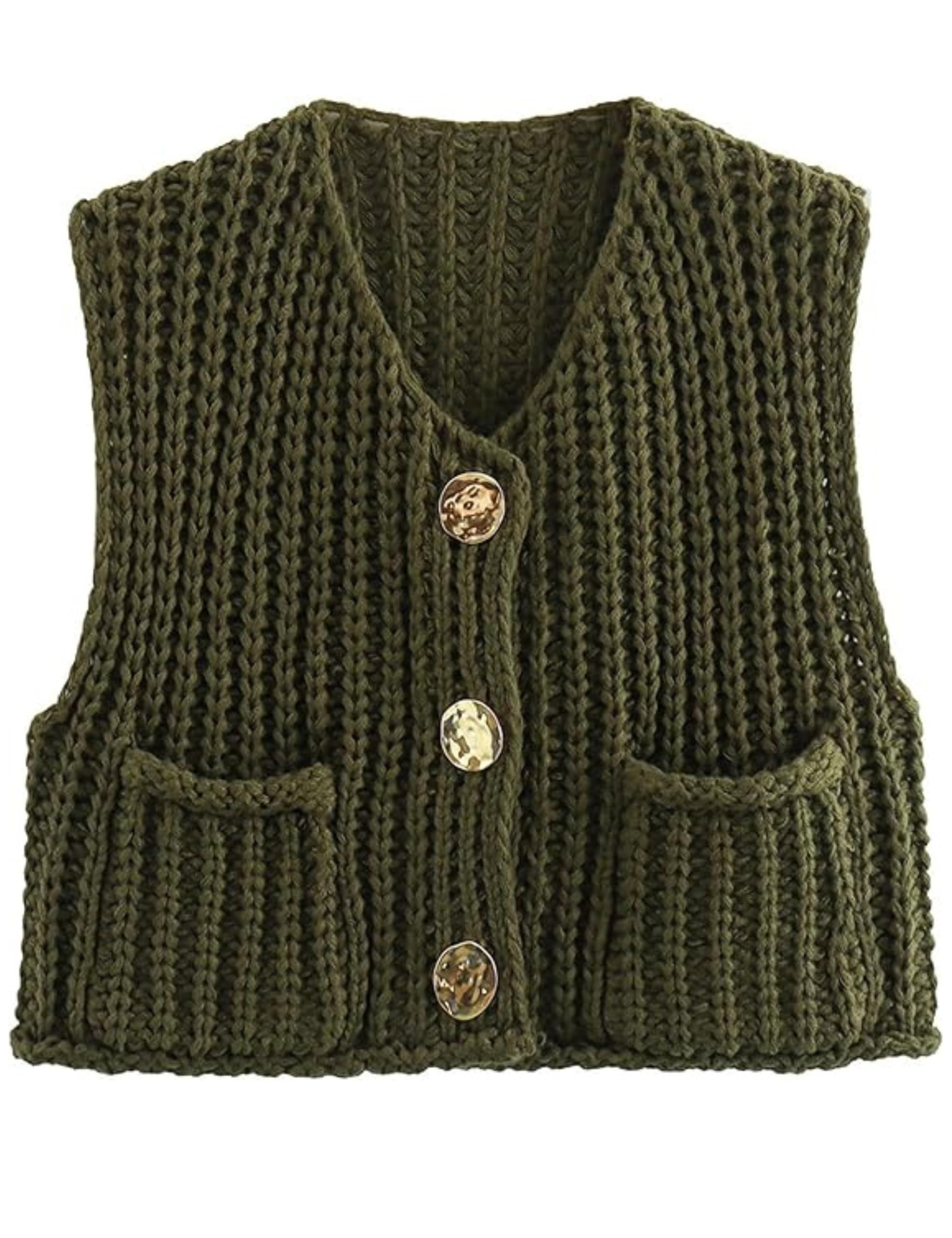 Colete De Malha Aicharmwa, Sem Mangas, Suéter De Crochê Cortado, Verde Exército