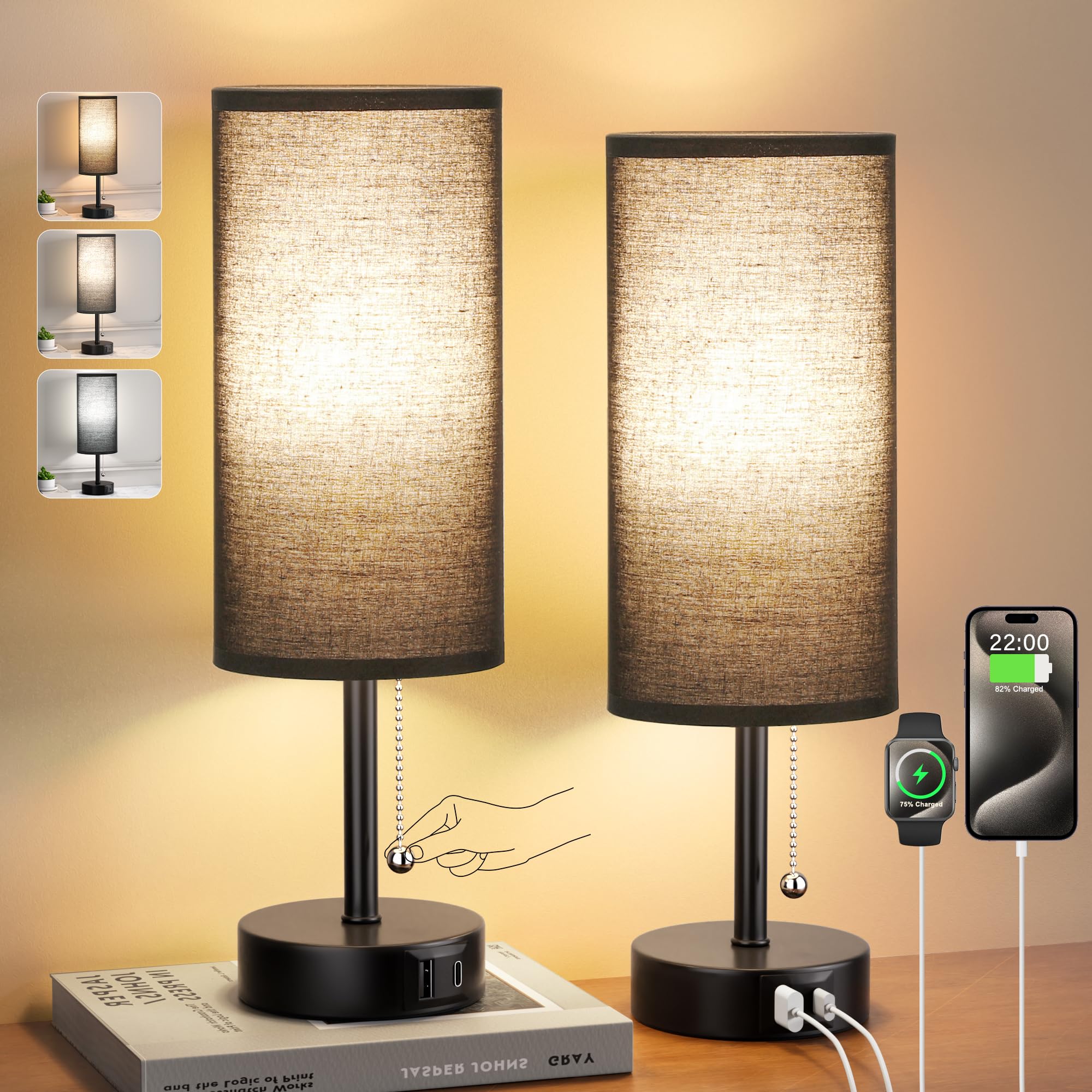 Lâmpada De Cabeceira Fenmzee Black, Conjunto De 2 Com Porta De Carregamento Usb