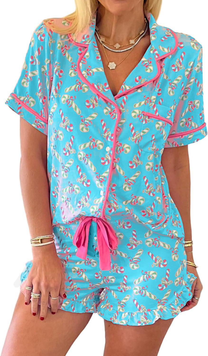 Conjunto De Pijama Feminino Kevamolly Com Estampa De Bastão De Doces De Natal Azul