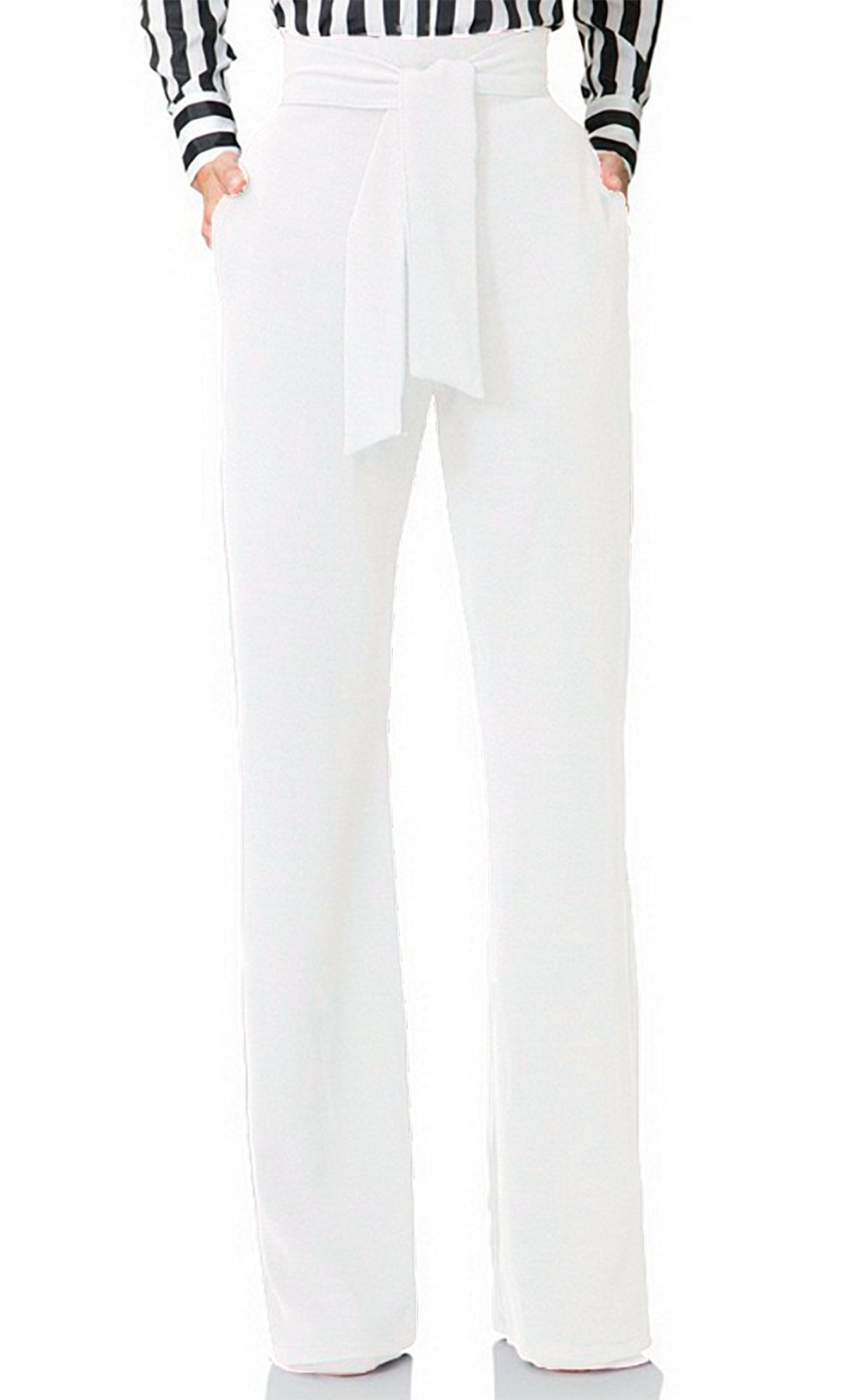 Calças Femininas Lous Work, Elásticas, Retas E Largas, Com Cinto